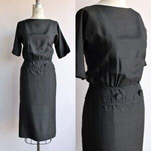Vintage 1950s 1960s Dress, Carl Naftal Black Dupioni Silk Little Black Dress